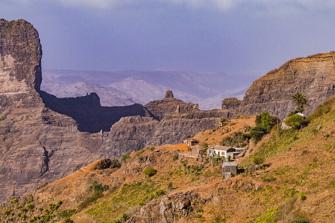 A lonely stone house among scenic rock formations at Rui Vaz on Santiago Island, Cape Verde, Africa