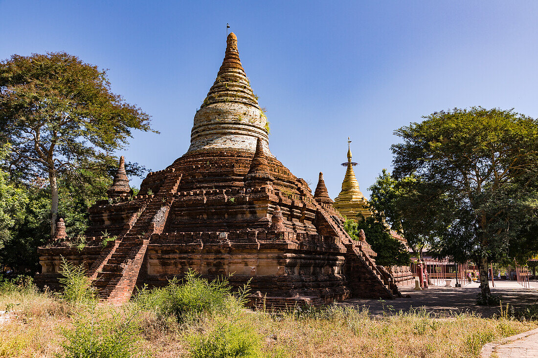 An ornate brick temple with a white spire at the Bagan archaeological site in Myanmar