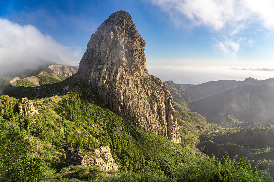 The volcanic rock Roque de Agando, symbol of La Gomera island, Canary Islands, Spain