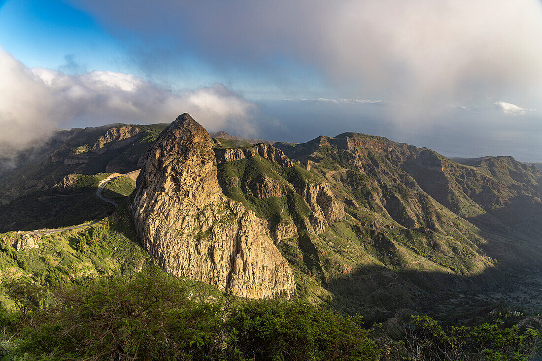 The volcanic rock Roque de Agando, symbol of La Gomera island, Canary Islands, Spain