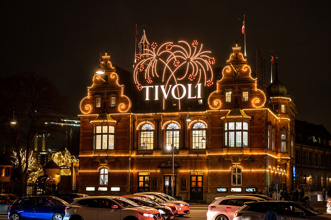 The Tivoli building in Copenhagen, Denmark, lit up for Christmas