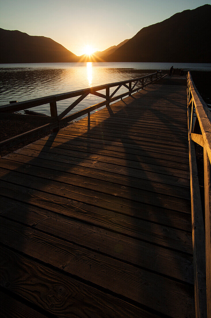 Wooden jetty on lake at Lake Crescent Lodge, Olympic National Park.