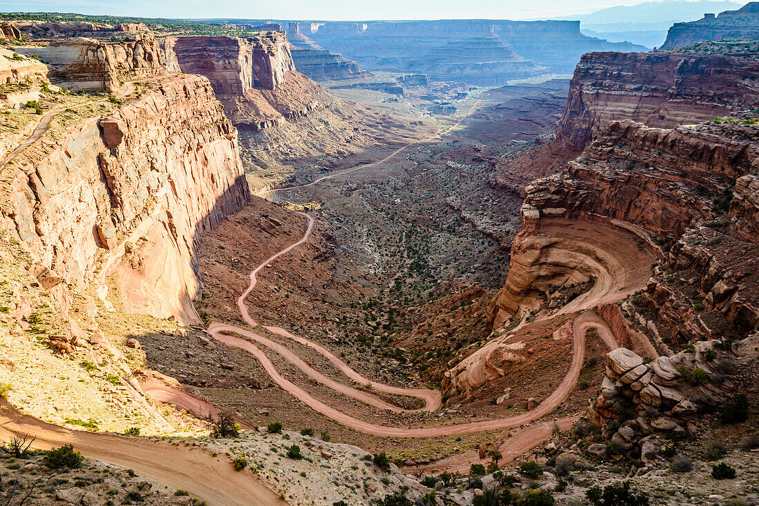 Canyonlands National Park, the view of a zigzag path from the canyon floor up the steep hillside.