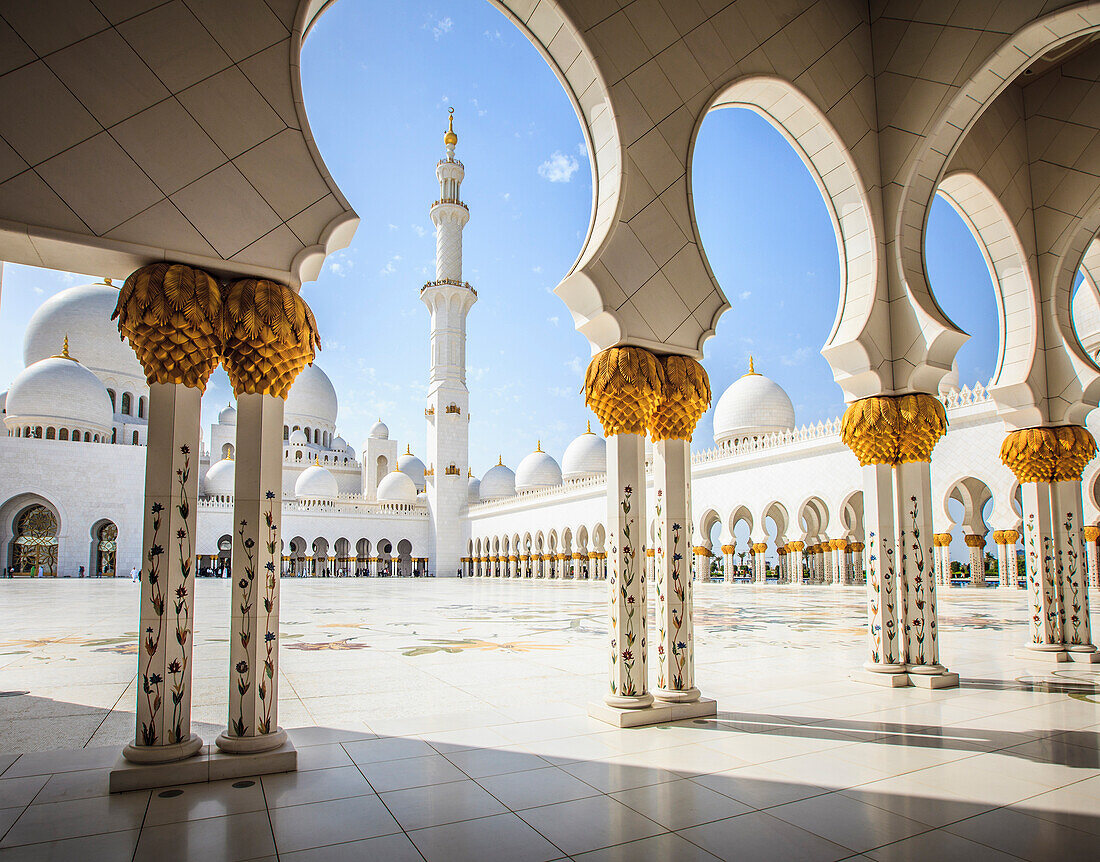 The Sheikh Zayed Mosque, the courtyard and exterior of the prayer hall, modern architecture.