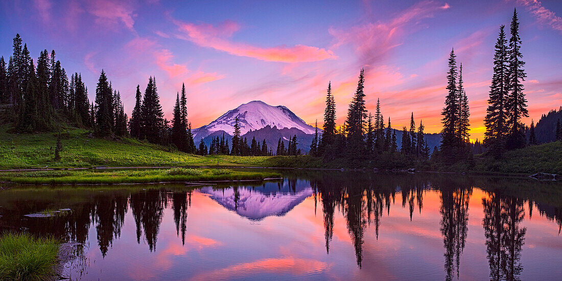 USA, Washington State, Mt. Rainier National Park. Tipsoo Lake panoramic at sunset