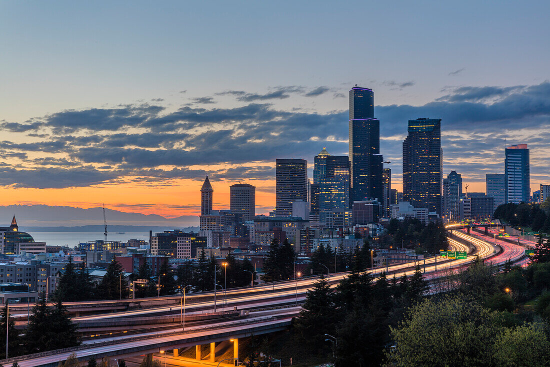 City skyline and Interstate 90 and 5 from Jose Rizal Bridge in downtown Seattle, Washington State, USA
