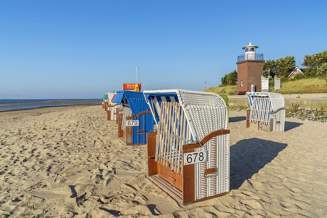 Olhörn lighthouse on the beach, Wyk, Foehr Island, Schleswig-Holstein, Germany