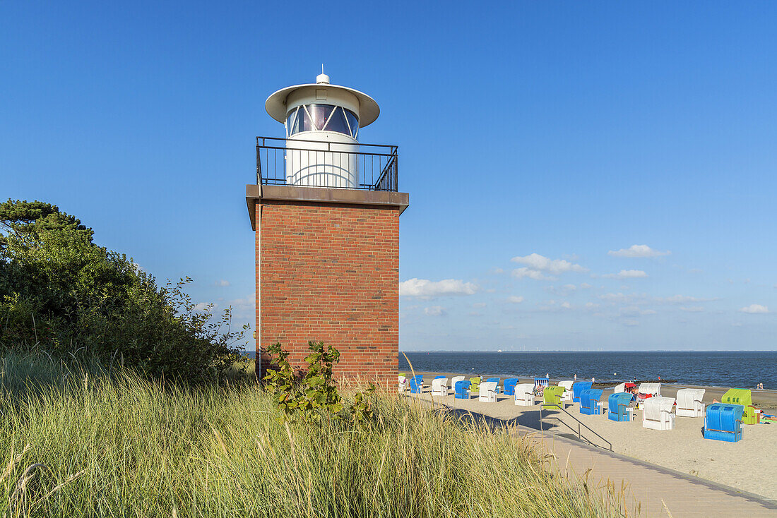 Olhörn lighthouse on the beach at Wyk, Foehr Island, Schleswig-Holstein, Germany