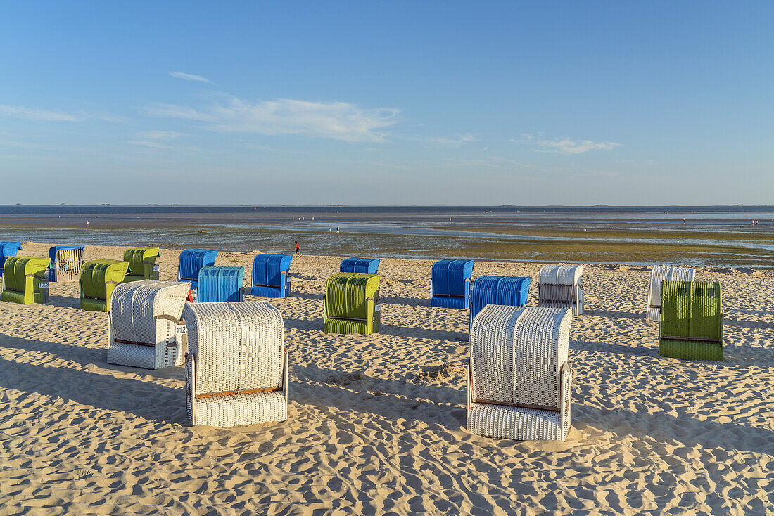 Beach chairs on the southern beach of Wyk, Foehr Island, Schleswig-Holstein, Germany