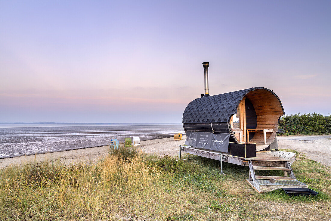 Beach sauna in the dunes, Utersum, Foehr Island, Schleswig-Holstein, Germany