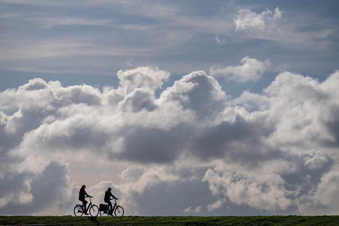 People cycling on a sunny september day in Groede, the Netherlands.