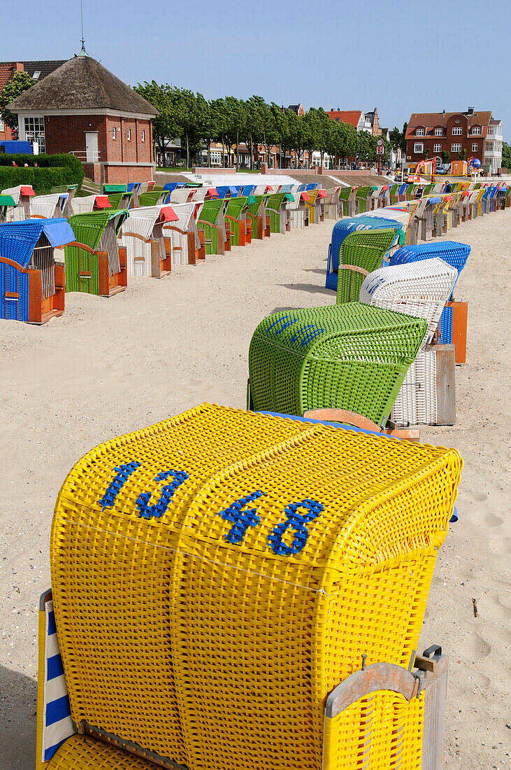Beach chairs near Wyk, Foehr Island, North Friesland, North Sea, Schleswig-Holstein, Germany