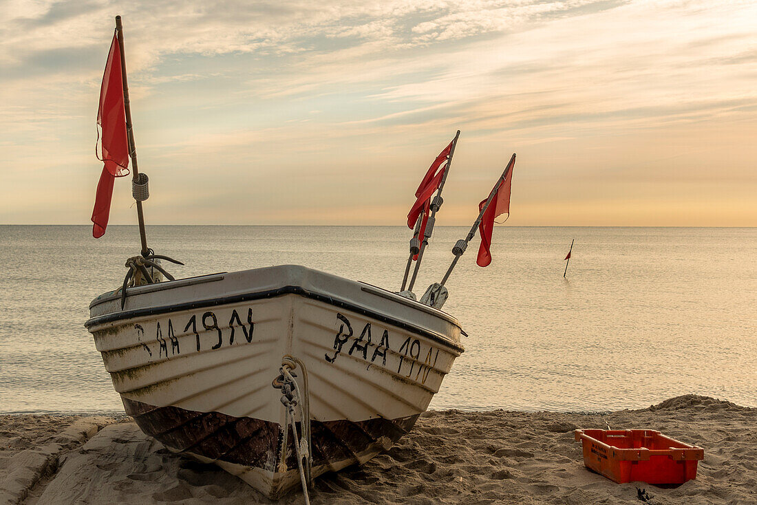 Fishing boat on the beach at Baabe, Ruegen Island, Mecklenburg-West Pomerania, Germany