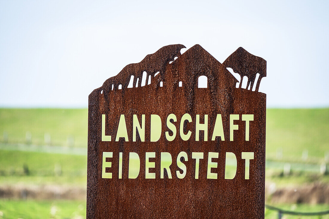 Hinweisschild Landschaft Eiderstedt, Westerhever, Nordsee, Nordfriesland, Schleswig-Holstein, Deutschland