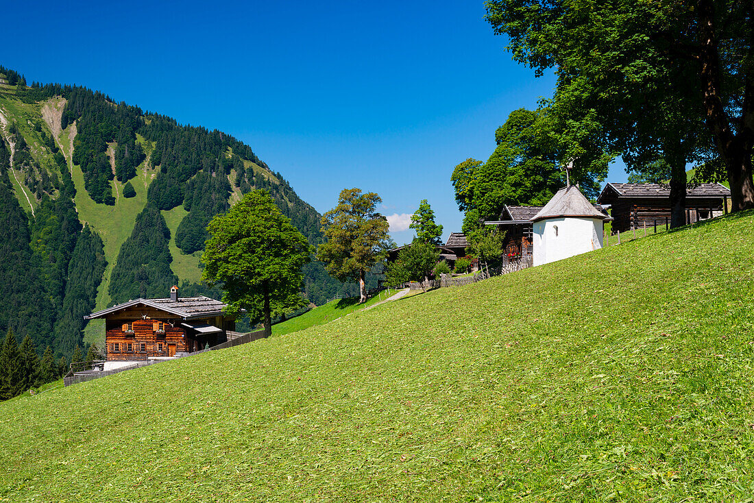 Gerstruben, a former mountain farming village in the Dietersbachtal near Oberstdorf, Allgäu Alps, Allgäu, Bavaria, Germany, Europe