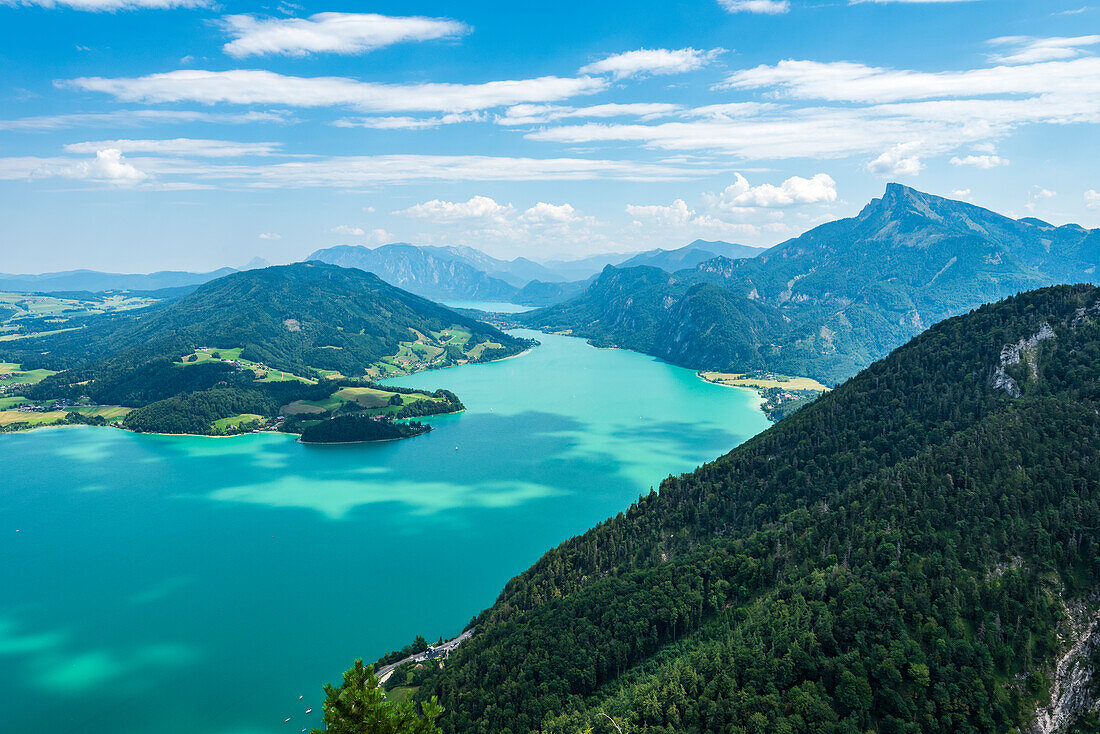 View from the summit of the Drachenwand over the Mondsee to the Schafberg, the Attersee and the Höllengebirge, Salzkammergut, Austria