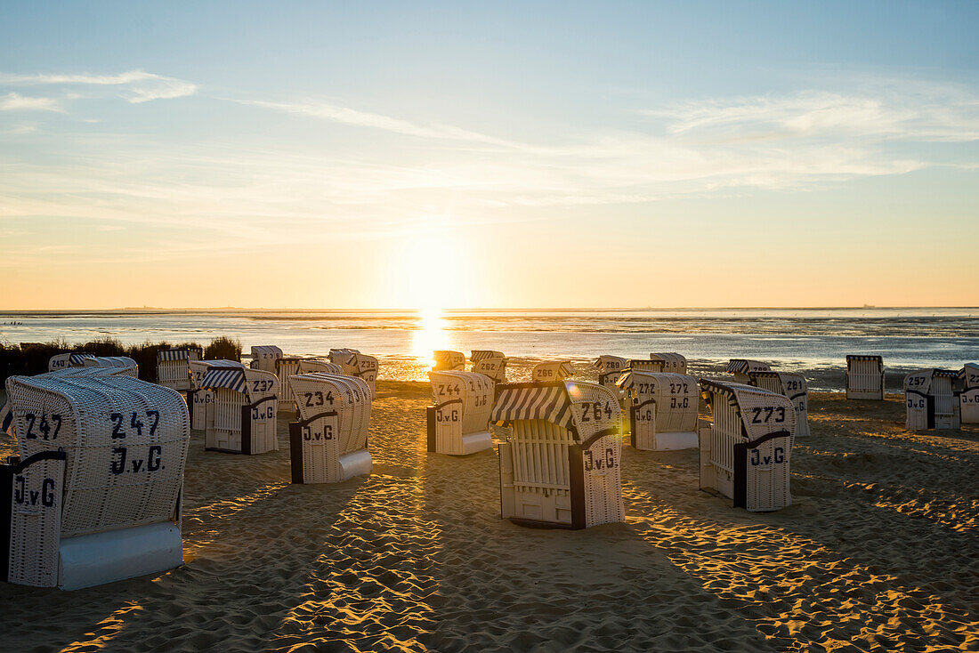 Beach chairs, sunset, Duhnen, Cuxhaven, North Sea, Lower Saxony, Germany