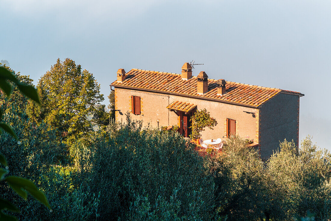 Kleines Haus am Rande von Montalcino über den Wolken, Toskana, Italien