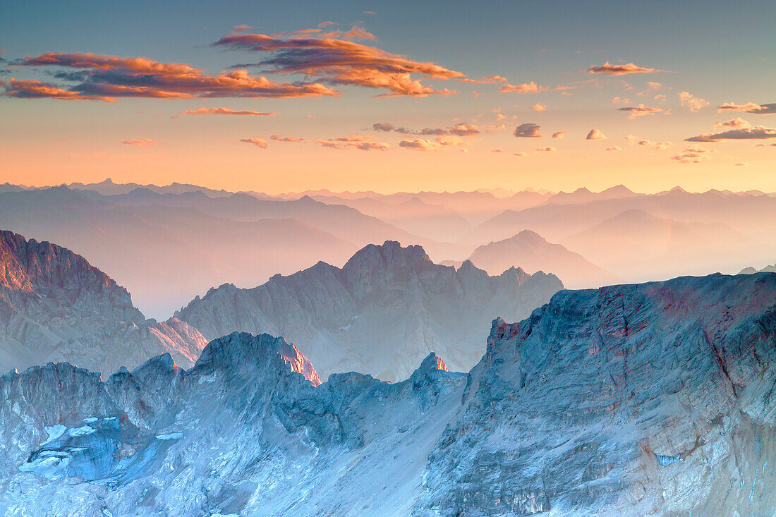 View from the summit of the Zugspitze in southern direction over the Bavarian and Tyrolean Alps.