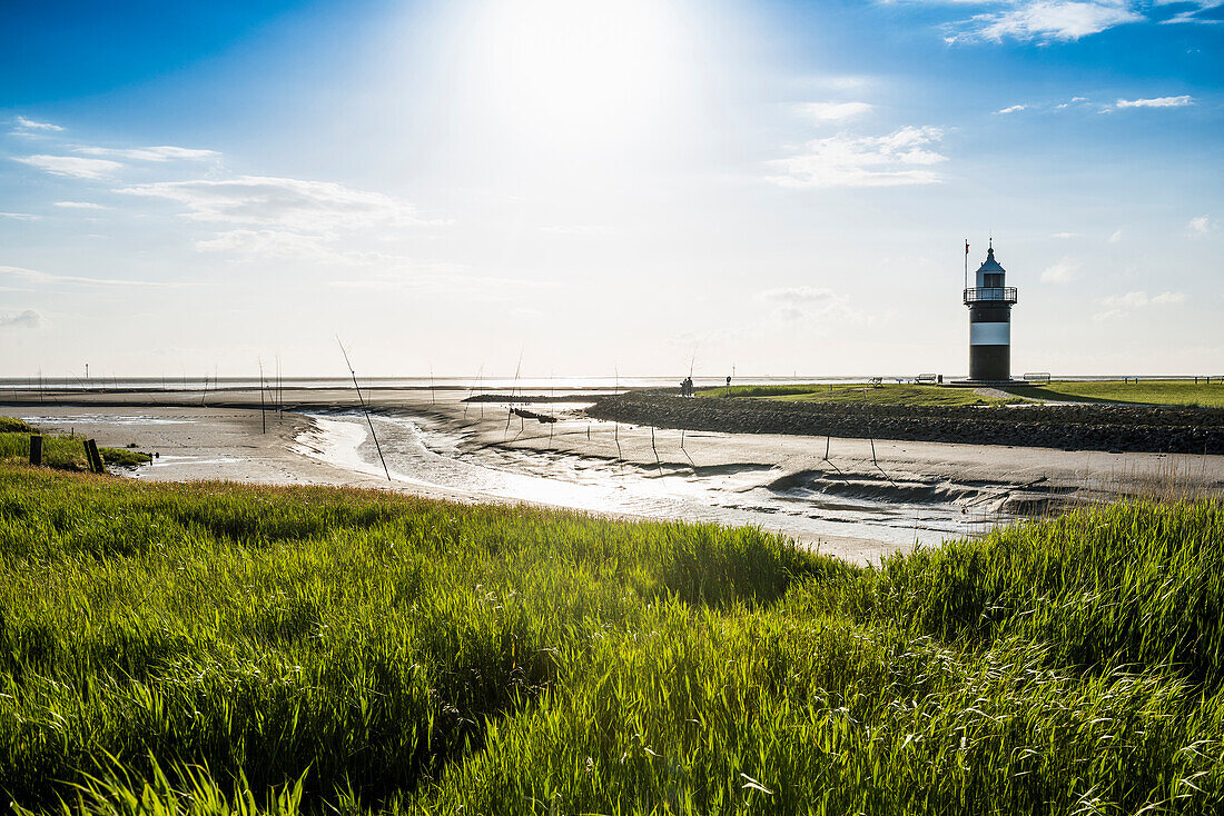 Schwarzweißer Leuchtturm, Leuchtturm Kleiner Preusse, Wremen, Wattenmeer, Nordsee, Niedersachsen, Deutschland