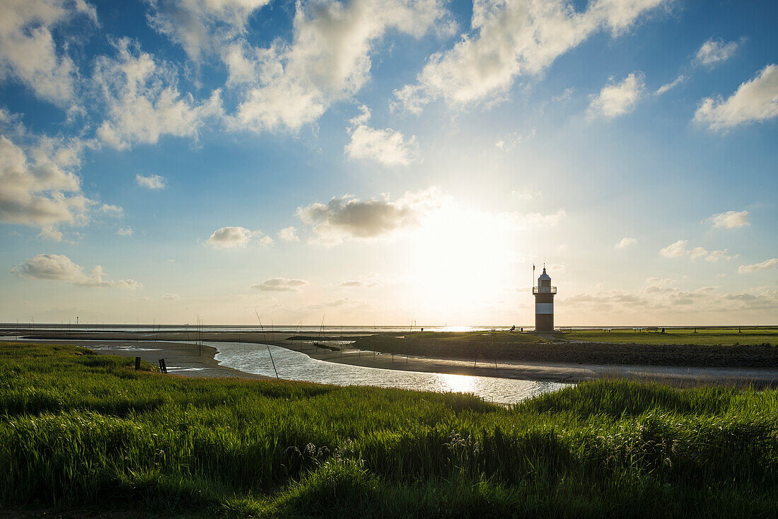 Schwarzweißer Leuchtturm, Leuchtturm Kleiner Preusse, Wremen, Wattenmeer, Nordsee, Niedersachsen, Deutschland