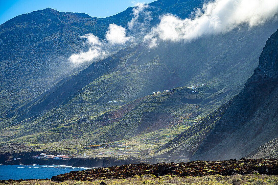 View from Arenas Blancas of the countryside near the village of Sabinosa, El Hierro, Canary Islands, Spain