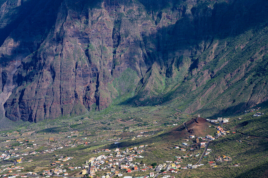The valley of El Golfo with the church of Nuestra Senora de Candelaria, La Frontera, El Hierro, Canary Islands, Spain