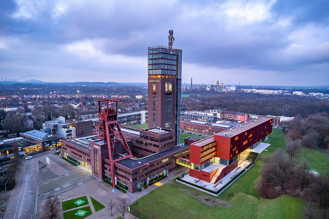 Nordstern colliery seen from the air at dusk, Gelsenkirchen, North Rhine-Westphalia, Germany