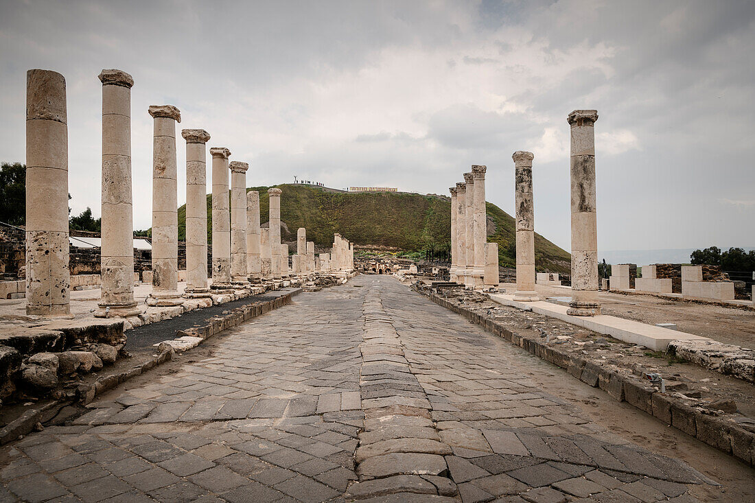 Palladius Street with marble columns, ancient ruins city of Beit Shean on the Sea of Galilee, Israel, Middle East, Asia