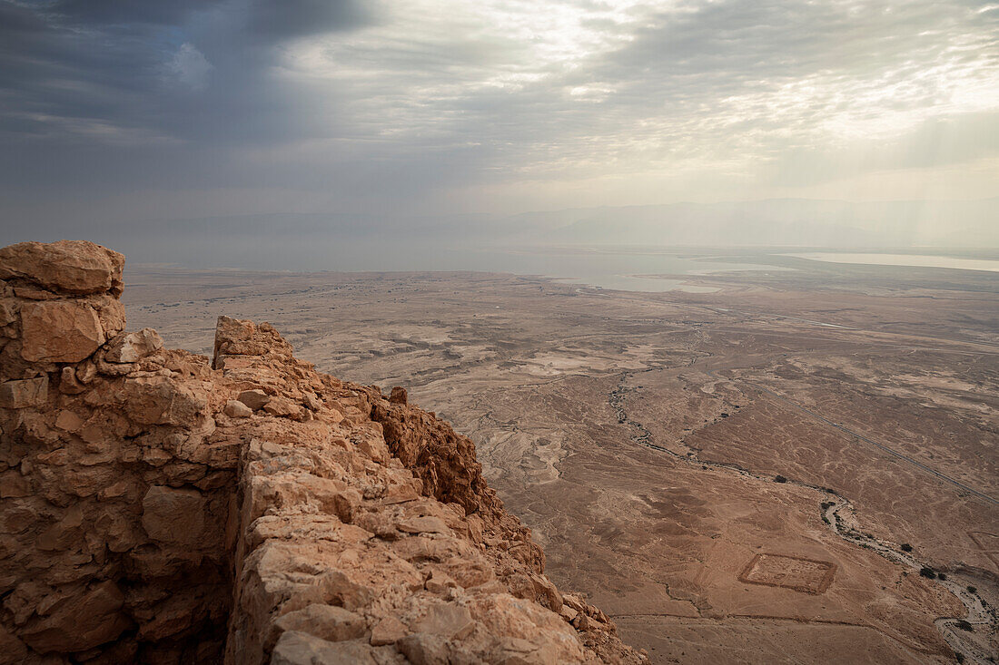 Panoramic view from Masada fort to the Dead Sea, Israel, Middle East, Asia, UNESCO World Heritage Site