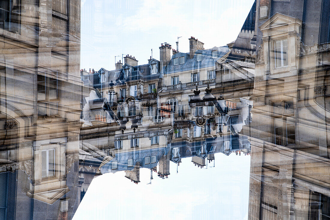 Doppelbelichtung des Gebäudes des Museum für Technik und Industrie in der Rue Saint-Martin in Paris, Frankreich