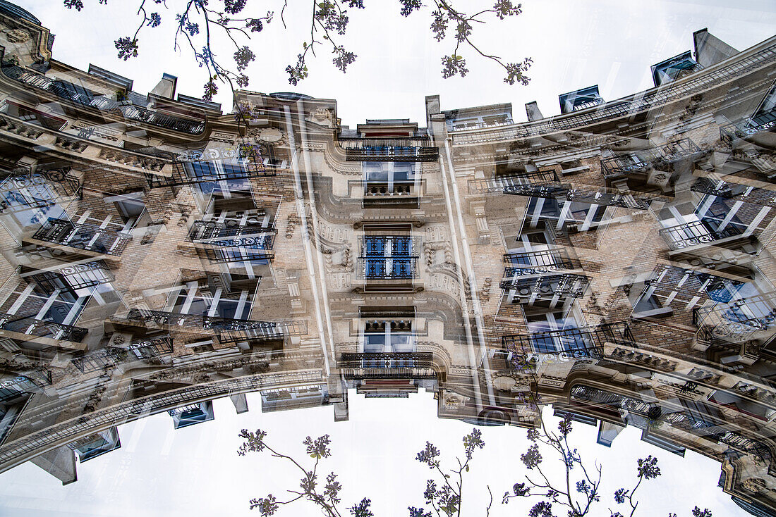 Classic residential buildings around the Square de Clignancourt  in Paris, France.