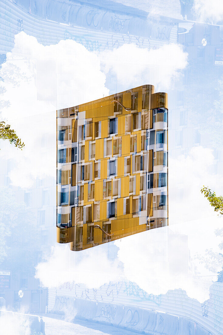 Double exposure of colorful modern architectural residential buildings along the canal de Saint-Denis as seen from the Quai de l'Allier in Paris, France.