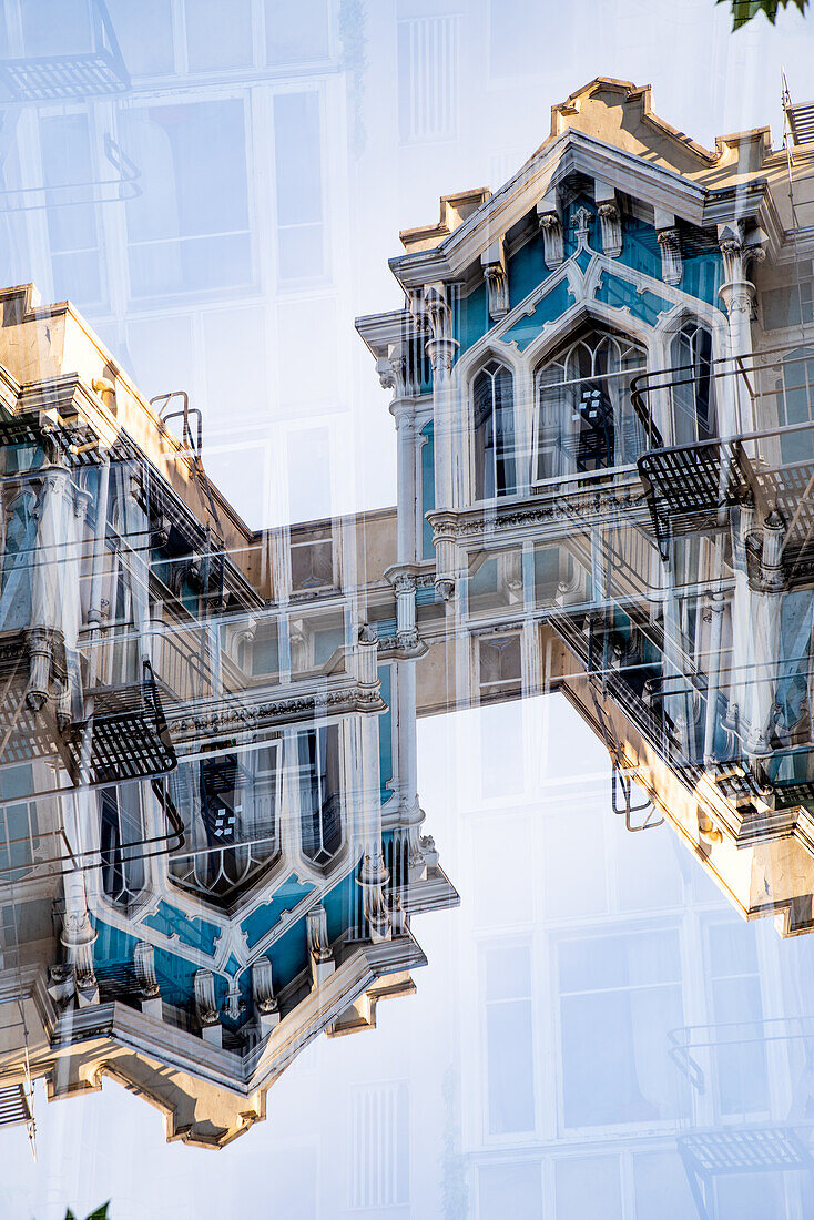 Double exposure of a wooden residential building on California street in San Francisco, California.