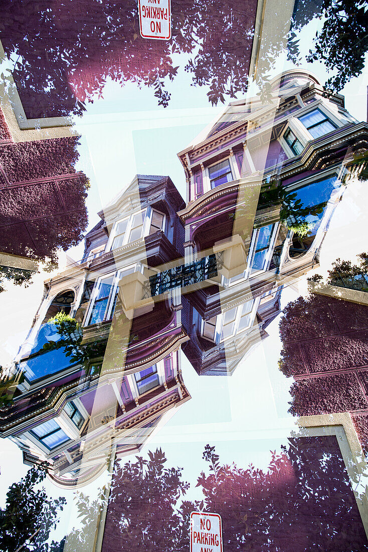 Double exposure of a Victorian style colorful wooden residential building on Hayes street in San Francisco, California.