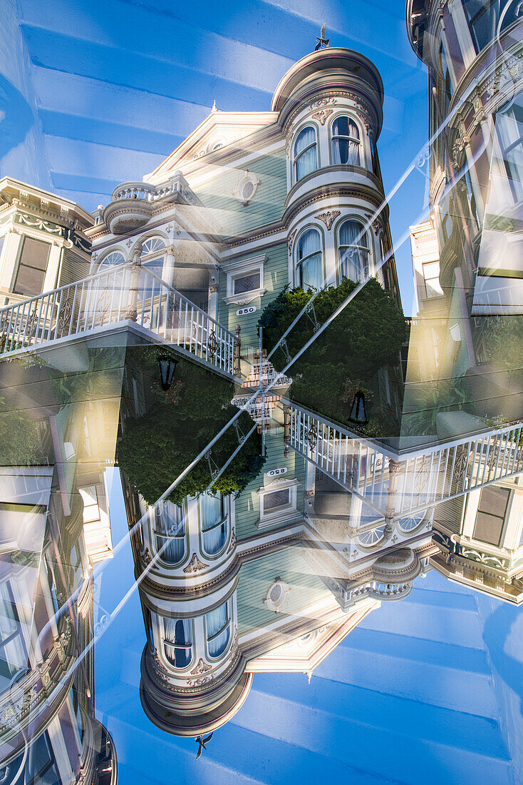 Double exposure of a Victorian style colorful wooden residential building on Steiner street in San Francisco, California. These houses are known as the Painted Ladies.