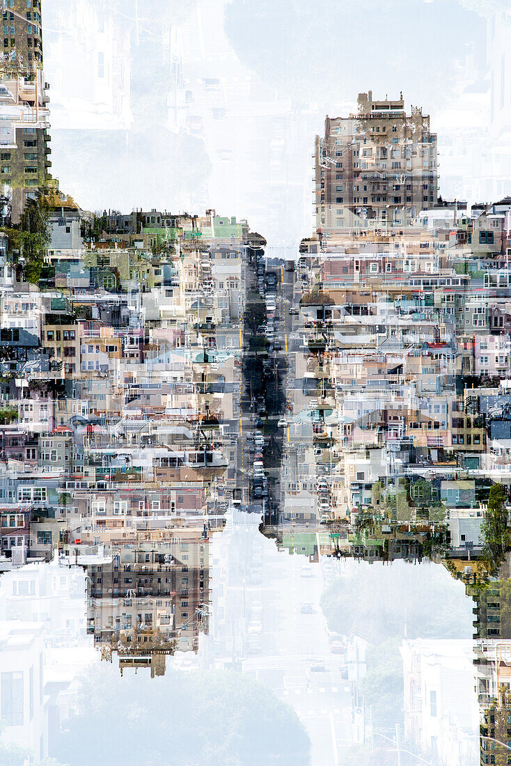 Double exposure view of downtown San Francisco from the top of Union Street, California.