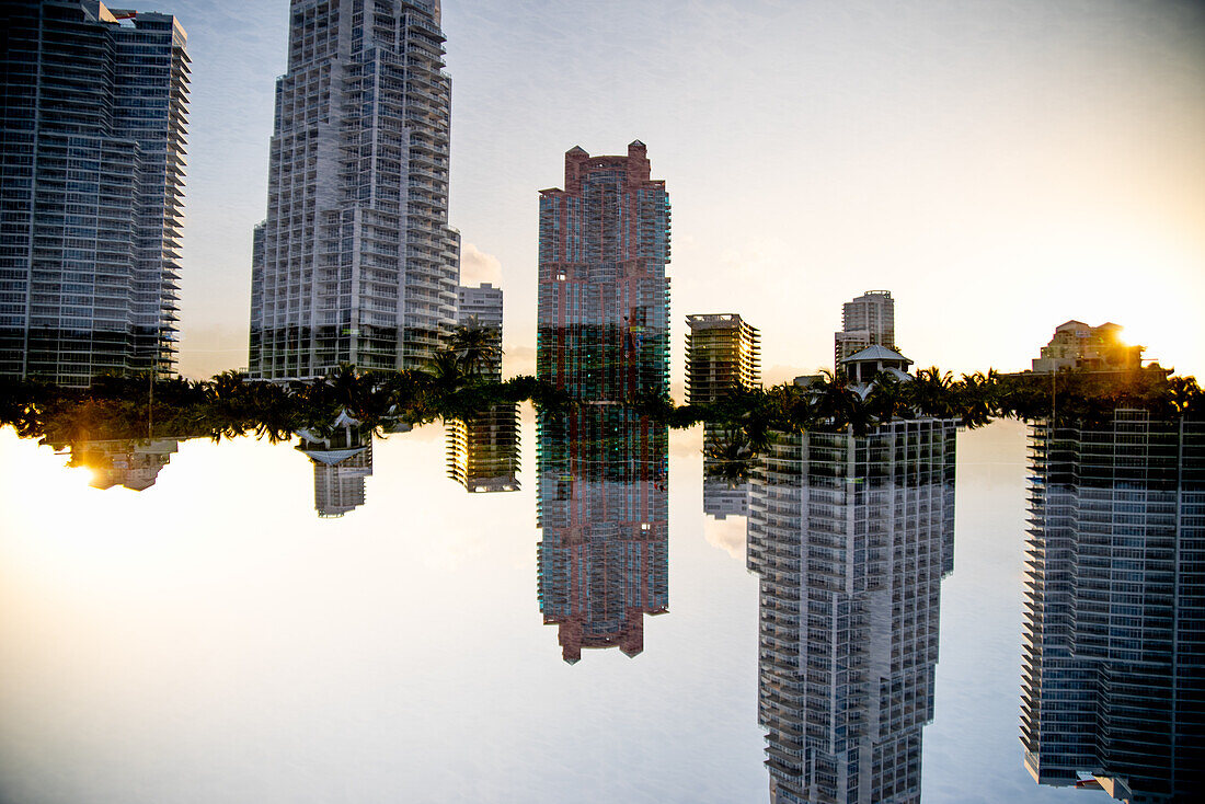 Double exposure of the Portofino Tower and other residential highrises on Miami Beach, Florida