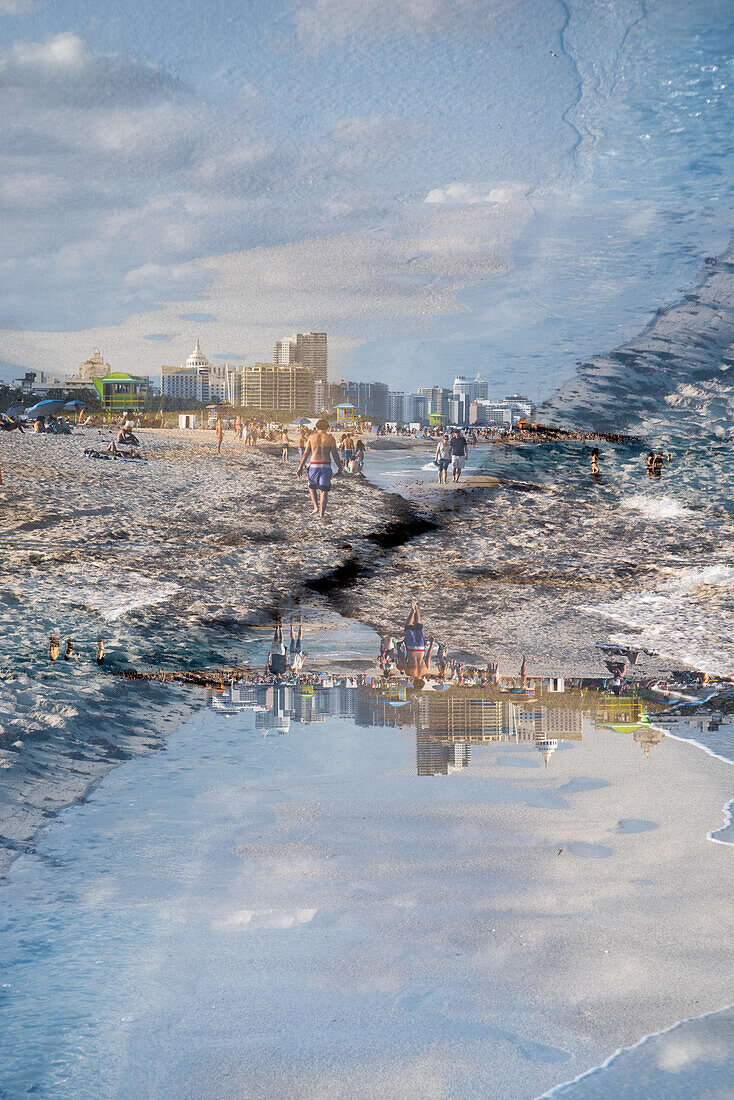 Double exposure of Miami beach seen from the South Pointe Park Pier, Florida