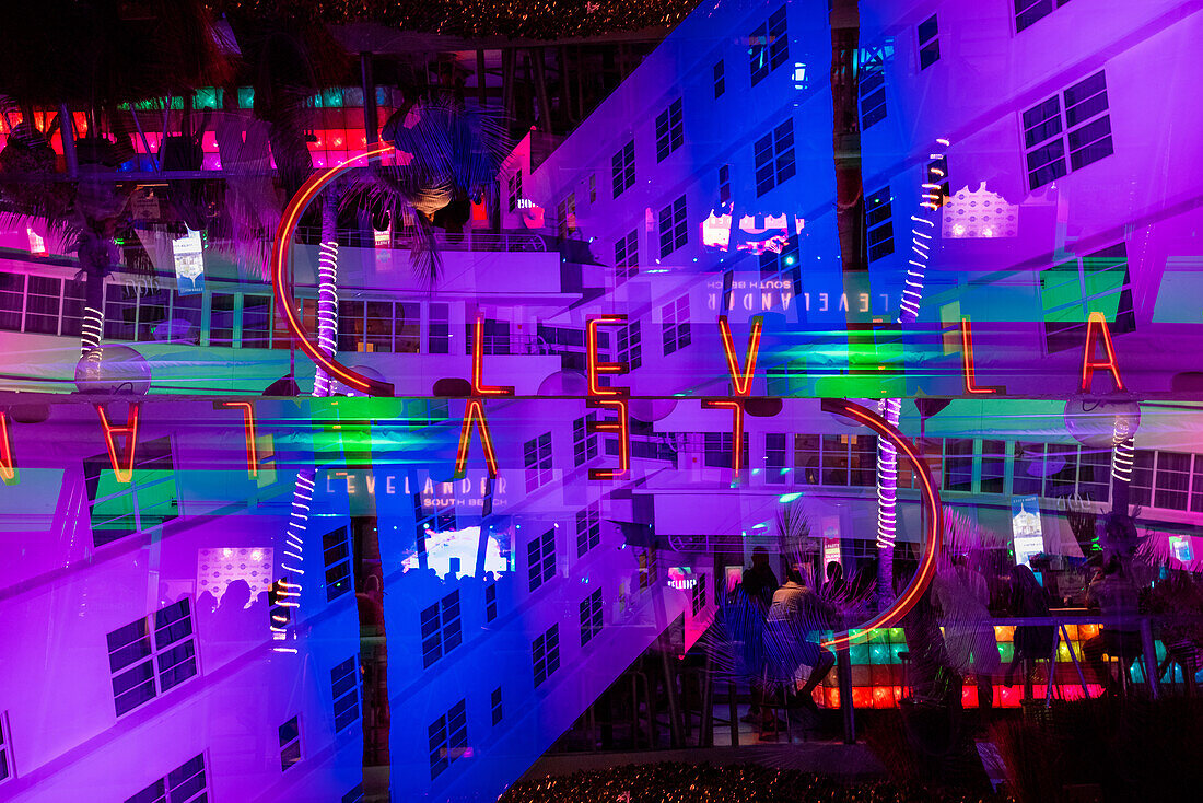 Double exposure of the Clevelander hotel on South Beach in Miami, Florida