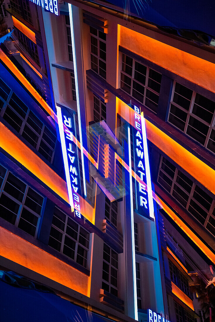 Double exposure of the Breakwater hotel on South Beach in Miami, Florida