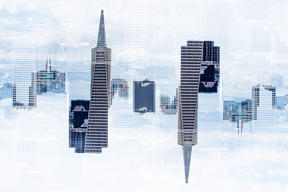 Double exposure of the skyline of San Francisco with the Transamerica Pyramid building as seen from the Colt tower vantage point.