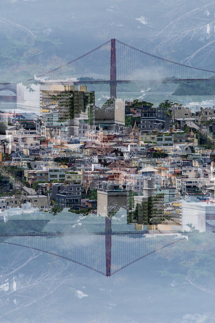 Double exposure of the skyline of San Francisco as seen from the Colt tower vantage point.