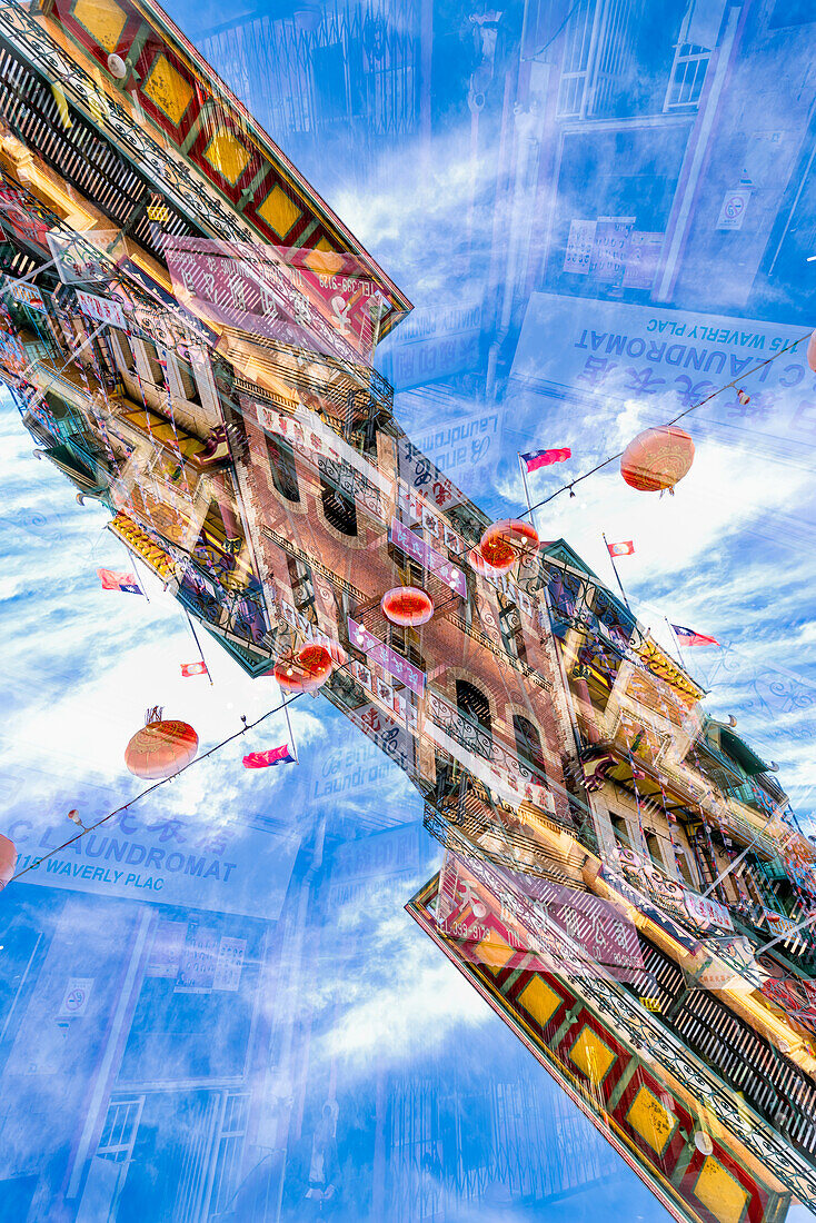 Double exposure of a building on clay street with Chinese lanterns in Chinatown, San Francisco.