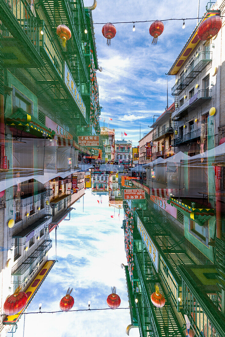 Double exposure of Clay Street with suspended Chinese lanterns in Chinatown, San Francisco.