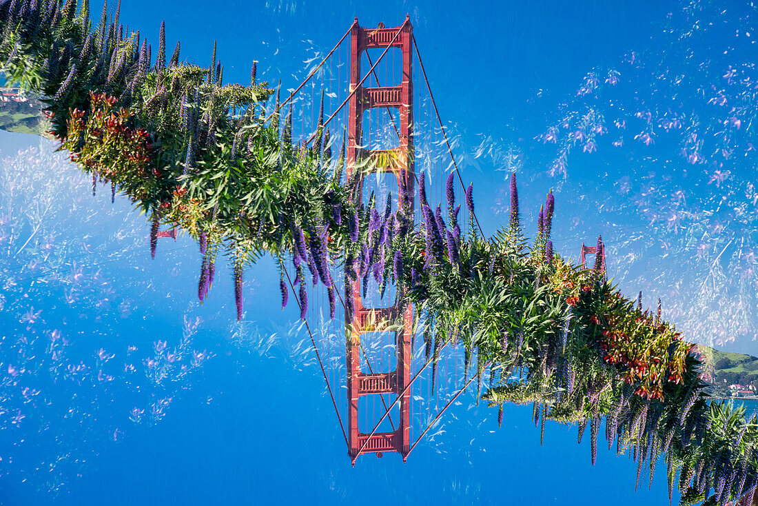 Doppelbelichtung der berühmten Golden Gate Bridge vom Golden Gate Vista Point South in San Francisco, Kalifornien.