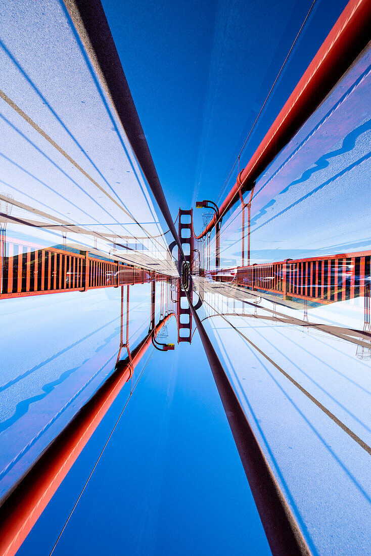 Double exposure of the iconic Golden Gate Bridge in San Francisco, California.