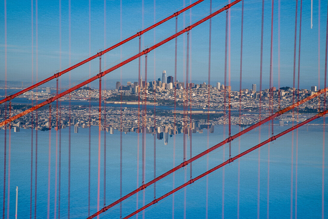 Double exposure of the iconic Golden Gate Bridge in San Francisco, California.