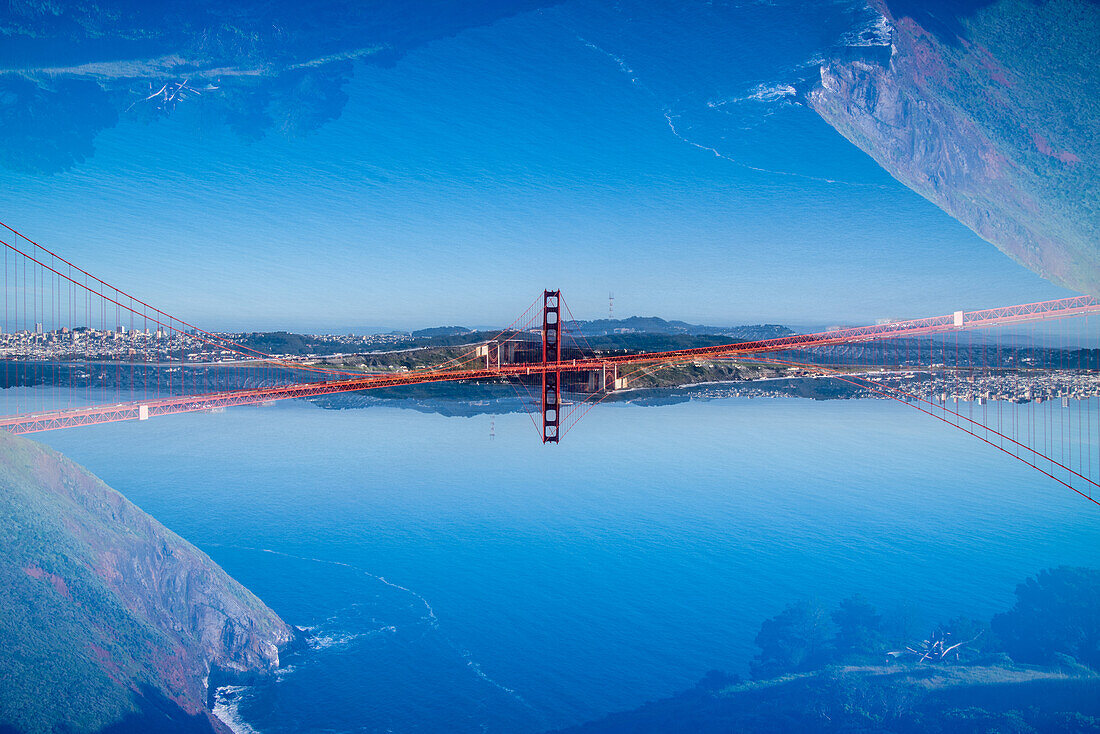 Double exposure of the iconic Golden Gate Bridge from the Golden Gate View Point in San Francisco, California.