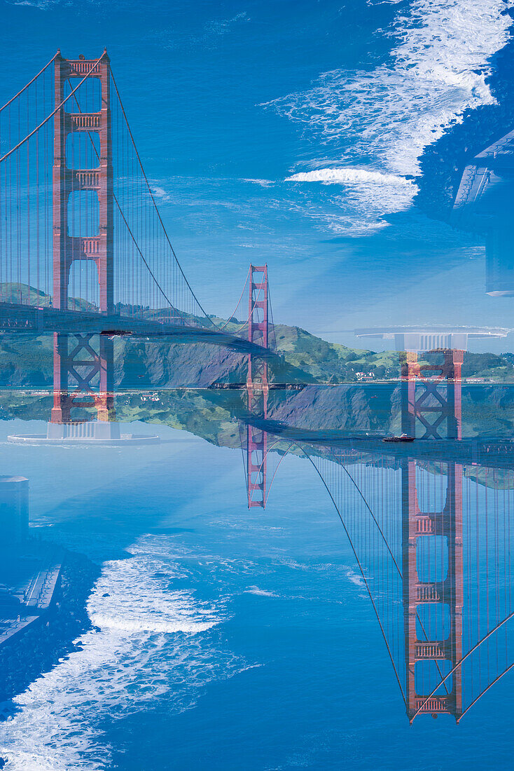 Doppelbelichtung der berühmten Golden Gate Bridge vom Golden Gate Vista Point South in San Francisco, Kalifornien.